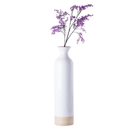 Uniquewise Cylinder Shaped Tall Spun Bamboo Floor Vase Glossy White Lacquer and Natural Bamboo Finish, Large QI003455WN.L
